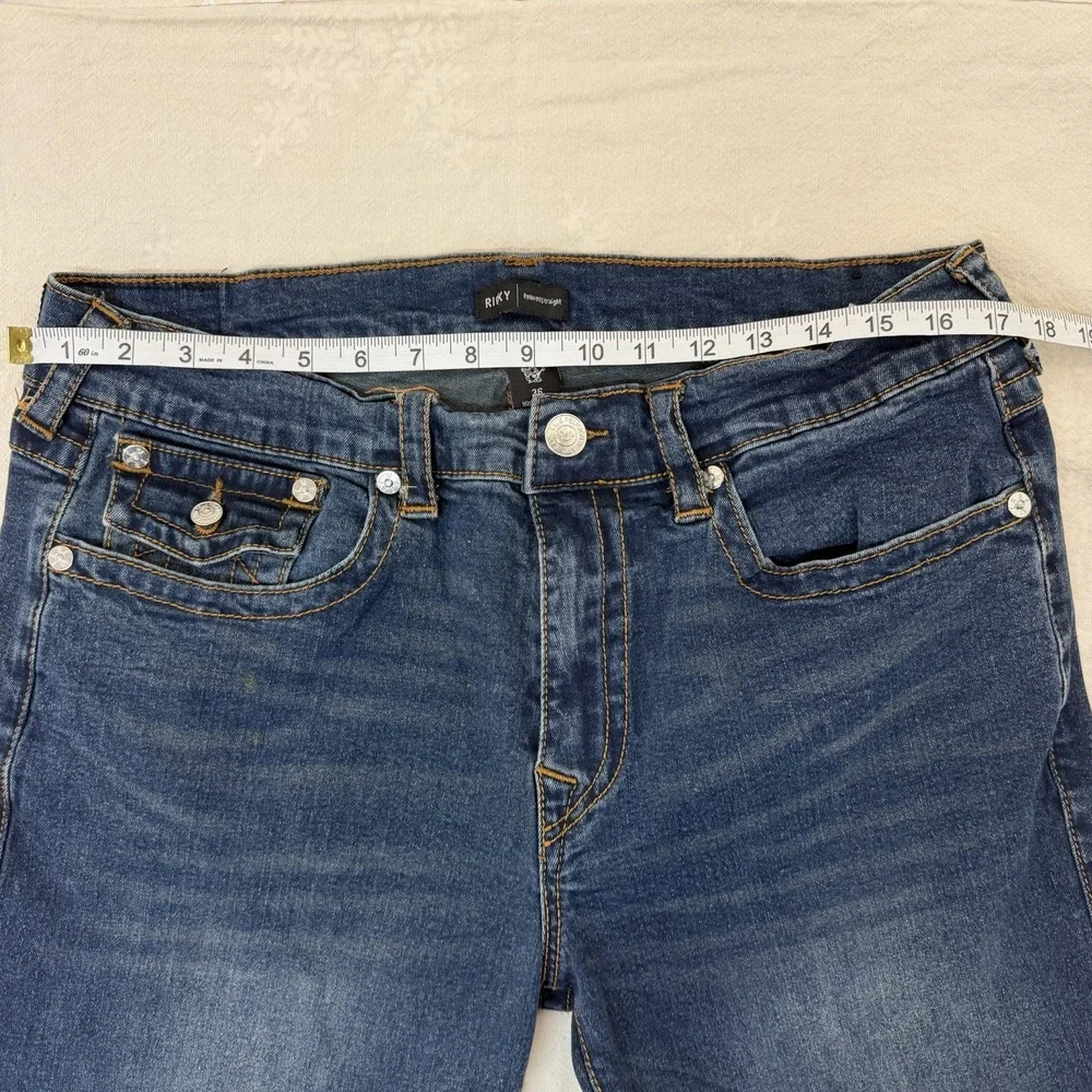 True Religion Ricky Relaxed Straight Jeans Mens 36x32 Blue Flap Stretch Denim